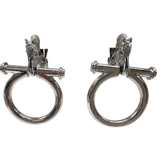 Vtg Signed Paolo Gucci Rare Horse Bit Hoop Signed Door Knocker Earrings Silver